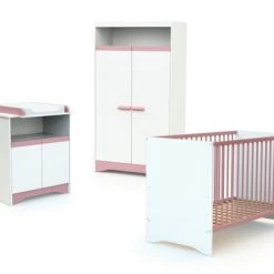 AT4 Lits Enfant Chambre Bébé : Lit 60x120, Armoire Et Commode à Langer. Blanc Et Rose