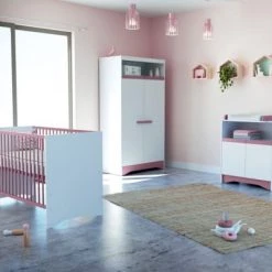 AT4 Lits Enfant Chambre Bébé : Lit 60x120, Armoire Et Commode à Langer. Blanc Et Rose -Lits enfant Soldes chambre bebe lit 60x120 armoire et commode a langer blanc et rose 4