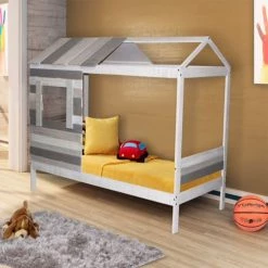 ID Kids Lits Enfant Lit Cabane 90x190 Cm Bois Massif Gris -Lits enfant Soldes lit cabane 90x190 cm bois massif gris 2