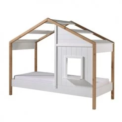 Vipack Lits Enfant Lit Cabane 90x200 Sommier Inclus 1 Fenêtres Blanc Naturel