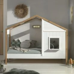 Vipack Lits Enfant Lit Cabane 90x200 Sommier Inclus 1 Fenêtres Blanc Naturel -Lits enfant Soldes lit cabane 90x200 sommier inclus 1 fenetres blanc naturel 3