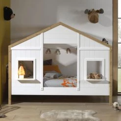 Vipack Lits Enfant Lit Cabane 90x200 Sommier Inclus 2 Fenêtres Blanc Naturel -Lits enfant Soldes lit cabane 90x200 sommier inclus 2 fenetres blanc naturel 3