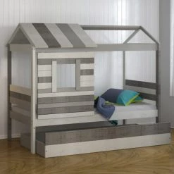 ID Kids Lits Enfant Lit Cabane Avec Tiroir Lit 90x190 Cm Bois Massif Gris -Lits enfant Soldes lit cabane avec tiroir lit 90x190 cm bois massif gris 2