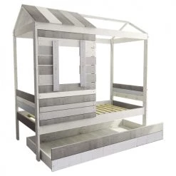 ID Kids Lits Enfant Lit Cabane Avec Tiroir Lit 90x190 Cm Bois Massif Gris