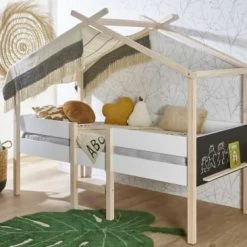 Nateo Concept Lits Enfant Lit Cabane Mi-hauteur 90 X 200 Blanc Et Pin -Lits enfant Soldes lit cabane mi hauteur 90 x 200 blanc et pin 2