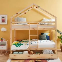 Baita Lits Enfant Lit Cabane Superposé Pin Naturel 90x190 Sommier Inclus Bois Clair -Lits enfant Soldes lit cabane superpose pin naturel 90x190 sommier inclus bois clair 2