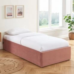 Homifab Lits Enfant Lit Coffre 90x190cm En Velours Rose + Sommier à Lattes -Lits enfant Soldes lit coffre 90x190cm en velours rose sommier a lattes 2