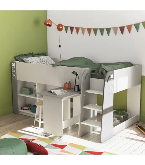 Calicosy Lits Enfant Lit Enfant Avec Bureau Et Rangements 90x200 - Blanc Et Gris 2 Calicosy Lits Enfant Lit Enfant Avec Bureau Et Rangements 90x200 - Blanc Et Gris – Image 2