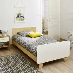 ID Kids Lits Enfant Lit Enfant Avec Sommier 90x190 Cm Effet Bois Blanc Et Bois -Lits enfant Soldes lit enfant avec sommier 90x190 cm effet bois blanc et bois 2