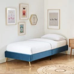 Homifab Lits Enfant Lit Enfant Avec Sommier 90x190cm En Velours Bleu Canard -Lits enfant Soldes lit enfant avec sommier 90x190cm en velours bleu canard 2