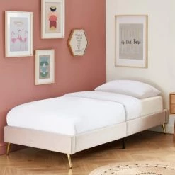 Homifab Lits Enfant Lit Enfant Avec Sommier 90x190cm En Velours Rose Poudré -Lits enfant Soldes lit enfant avec sommier 90x190cm en velours rose poudre 4