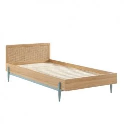 Baita Lits Enfant Lit Enfant Bleu Et Cannage Rotin 90x190 Sommier Inclus