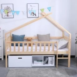 ATHM DESIGN Lits Enfant Lit Enfant Cabane Beige Et Blanc Pin Massif Sommier 190x90cm -Lits enfant Soldes lit enfant cabane beige et blanc pin massif sommier 190x90cm 2