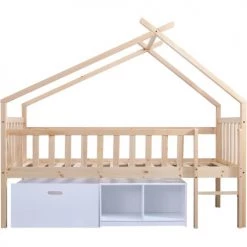 ATHM DESIGN Lits Enfant Lit Enfant Cabane Beige Et Blanc Pin Massif Sommier 190x90cm