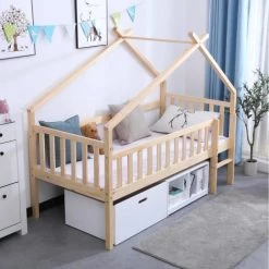 ATHM DESIGN Lits Enfant Lit Enfant Cabane Beige Et Blanc Pin Massif Sommier 190x90cm -Lits enfant Soldes lit enfant cabane beige et blanc pin massif sommier 190x90cm 3
