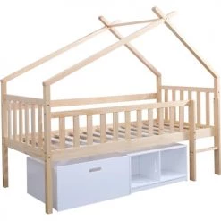 ATHM DESIGN Lits Enfant Lit Enfant Cabane Beige Et Blanc Pin Massif Sommier 190x90cm -Lits enfant Soldes lit enfant cabane beige et blanc pin massif sommier 190x90cm 4