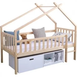 ATHM DESIGN Lits Enfant Lit Enfant Cabane Beige Et Blanc Pin Massif Sommier 190x90cm -Lits enfant Soldes lit enfant cabane beige et blanc pin massif sommier 190x90cm 5