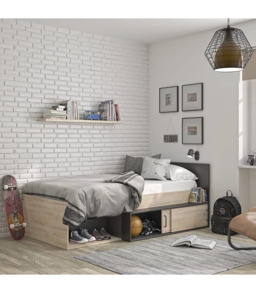 Calicosy Lits Enfant Lit Enfant Compact Et Rangements - Chêne Et Noir 90x200 2 Calicosy Lits Enfant Lit Enfant Compact Et Rangements - Chêne Et Noir 90x200 – Image 2