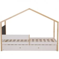 ATHM DESIGN Lits Enfant Lit Enfant Gigogne Pin Naturel Blanc Sommier 190x90cm -Lits enfant Soldes lit enfant gigogne pin naturel blanc sommier 190x90cm 3