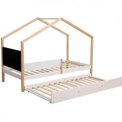 ATHM DESIGN Lits Enfant Lit Enfant Gigogne Pin Naturel Blanc Sommier 190x90cm -Lits enfant Soldes lit enfant gigogne pin naturel blanc sommier 190x90cm 5