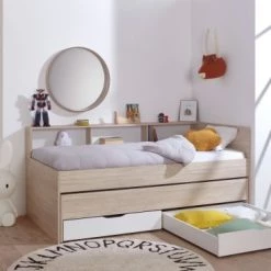 Nateo Concept Lits Enfant Lit Gigogne 90x200 Cm + 2 Tiroirs De Rangement Bois Et Blanc -Lits enfant Soldes lit gigogne 90x200 cm 2 tiroirs de rangement bois et blanc 2