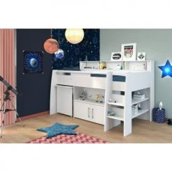 Calicosy Lits Enfant Lit Haut Combiné Blanc Avec Bureau Et Rangements - 90x200 -Lits enfant Soldes lit haut combine blanc avec bureau et rangements 90x200 4