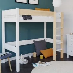 Nateo Concept Lits Enfant Lit Mezzanine 90x190 En Pin Massif Blanc Et Bois -Lits enfant Soldes lit mezzanine 90x190 en pin massif blanc et bois 3