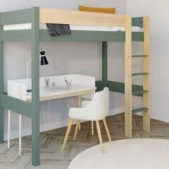 Nateo Concept Lits Enfant Lit Mezzanine 90x190 En Pin Massif Kaki Et Bois -Lits enfant Soldes lit mezzanine 90x190 en pin massif kaki et bois 2