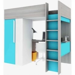 Terre De Nuit Lits Enfant Lit Mezzanine 90x200 Avec Armoire Intégrée En Bois Bleu