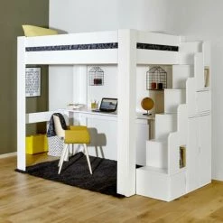 ID Kids Lits Enfant Lit Mezzanine Avec Bureau 120x190 Cm Bois Massif Blanc -Lits enfant Soldes lit mezzanine avec bureau 120x190 cm bois massif blanc 1