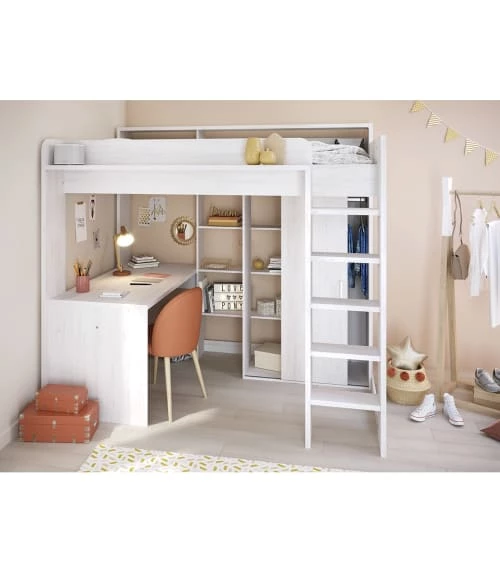 Calicosy Lits Enfant Lit Mezzanine Avec Bureau Et Rangements 90x200 Cm - Décor Pin Blanc 2 Calicosy Lits Enfant Lit Mezzanine Avec Bureau Et Rangements 90x200 Cm - Décor Pin Blanc – Image 2