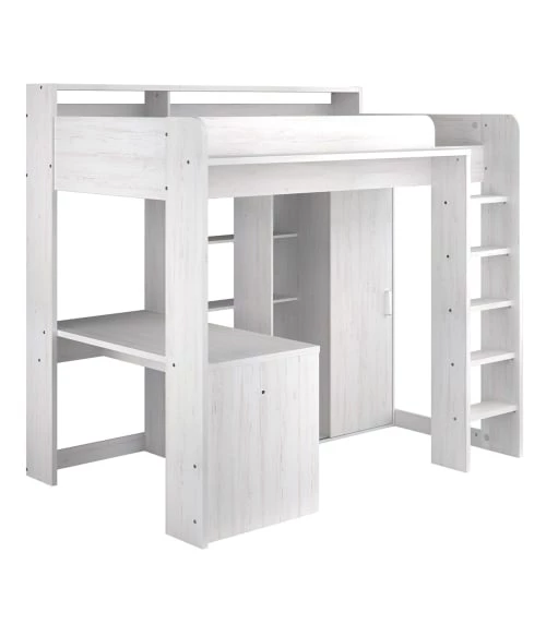Calicosy Lits Enfant Lit Mezzanine Avec Bureau Et Rangements 90x200 Cm - Décor Pin Blanc 1 Calicosy Lits Enfant Lit Mezzanine Avec Bureau Et Rangements 90x200 Cm - Décor Pin Blanc