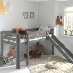 Terre De Nuit Lits Enfant Lit Mezzanine Avec Toboggan En Bois Massif Gris 90x20 Cm -Lits enfant Soldes lit mezzanine avec toboggan en bois massif gris 90x20 cm 2