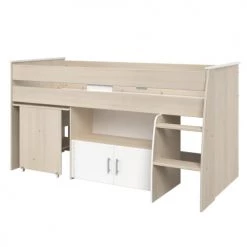Calicosy Lits Enfant Lit Mezzanine Enfant Avec Bureau 90x200 Cm - Décor Bois Et Blanc -Lits enfant Soldes lit mezzanine enfant avec bureau 90x200 cm decor bois et blanc 2