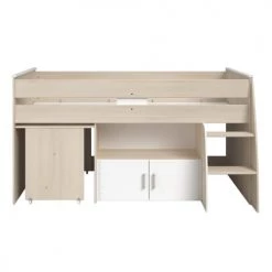 Calicosy Lits Enfant Lit Mezzanine Enfant Avec Bureau 90x200 Cm - Décor Bois Et Blanc