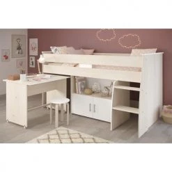Calicosy Lits Enfant Lit Mezzanine Enfant Avec Bureau 90x200 Cm - Décor Bois Et Blanc -Lits enfant Soldes lit mezzanine enfant avec bureau 90x200 cm decor bois et blanc 4