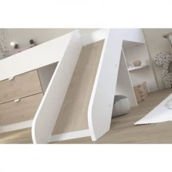 Calicosy Lits Enfant Lit Mi-haut Avec Tiroirs Et Toboggan - Décor Bois Et Blanc - 90x200 Cm -Lits enfant Soldes lit mi haut avec tiroirs et toboggan decor bois et blanc 90x200 cm 4