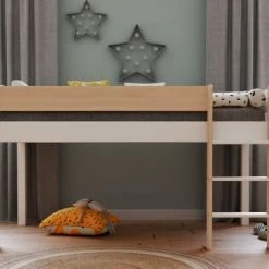 Nateo Concept Lits Enfant Lit Mi-hauteur 90x190 En Pin Massif Blanc Et Bois -Lits enfant Soldes lit mi hauteur 90x190 en pin massif blanc et bois 2