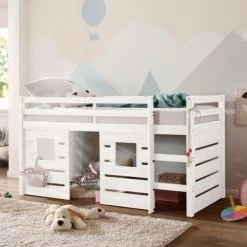 ID Kids Lits Enfant Lit Mi-hauteur 90x200 Cm Bois Massif Blanc -Lits enfant Soldes lit mi hauteur 90x200 cm bois massif blanc 2