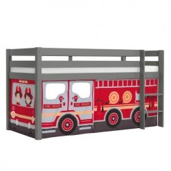 Vipack Lits Enfant Lit Mi-hauteur 90x200 Sommier Inclus Housse Pompier Gris