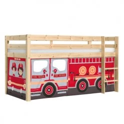 Vipack Lits Enfant Lit Mi-hauteur 90x200 Sommier Inclus Housse Pompier Naturel