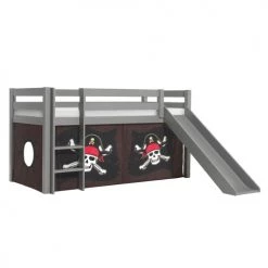 Vipack Lits Enfant Lit Mi-hauteur 90x200 Toboggan Sommier Inclus Housse Pirate Marron