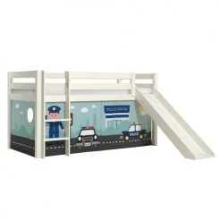 Vipack Lits Enfant Lit Mi-hauteur 90x200 Toboggan Sommier Inclus Housse Police Blanc