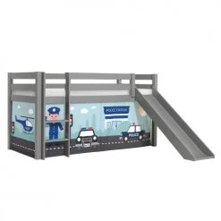 Vipack Lits Enfant Lit Mi-hauteur 90x200 Toboggan Sommier Inclus Housse Police Bleu