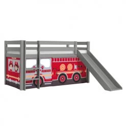 Vipack Lits Enfant Lit Mi-hauteur 90x200 Toboggan Sommier Inclus Housse Pompier Gris