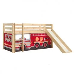 Vipack Lits Enfant Lit Mi-hauteur 90x200 Toboggan Sommier Inclus Housse Pompier Naturel