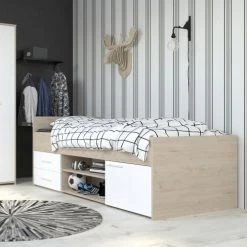Calicosy Lits Enfant Lit Rangement 2 Tiroirs 1 Porte - 90x190/200 Cm - Décor Chêne Et Blanc -Lits enfant Soldes lit rangement 2 tiroirs 1 porte 90x190 200 cm decor chene et blanc 4