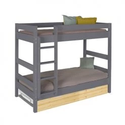 ID Kids Lits Enfant Lit Superposé Avec Sommier Gigogne 90x190 Cm Bois Massif Gris Et Bois