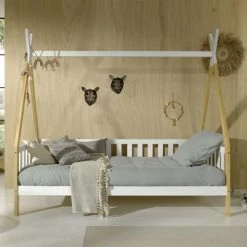 Vipack Lits Enfant Lit Tipi Barrière 90x200 Sommier Inclus Naturel Blanc -Lits enfant Soldes lit tipi barriere 90x200 sommier inclus naturel blanc 2