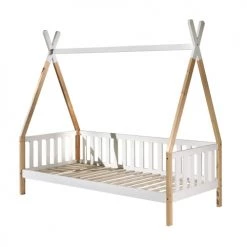 Vipack Lits Enfant Lit Tipi Barrière 90x200 Sommier Inclus Naturel Blanc